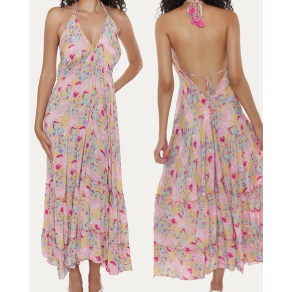 Raga By Anthropology Maxi Dress Size Medium Tiered Open Back Floral Boho - Picture 1 of 15